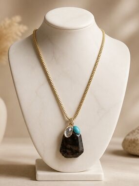 Gold Chain Necklace with Smoky Pendant and Turquoise Accent